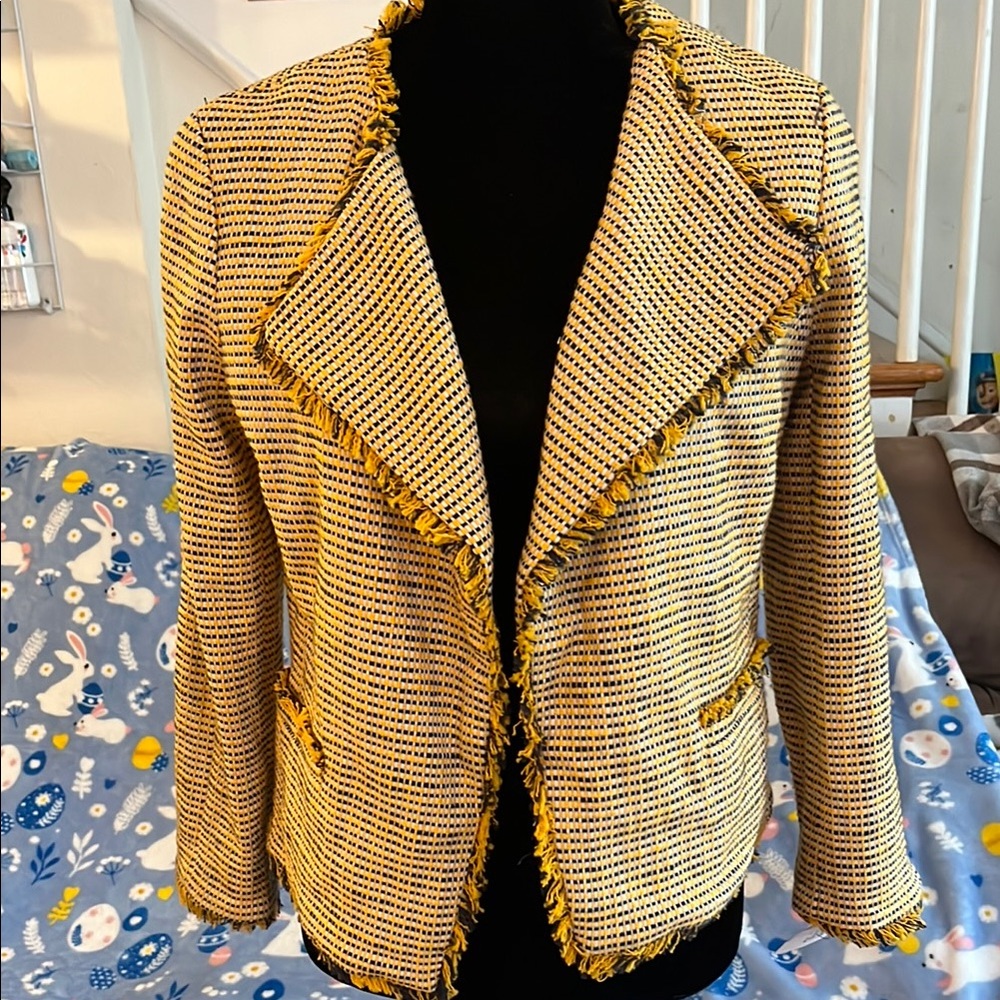 NWT Ann Taylor Chic Yellow and Navy cotton Tweed Women's Jacket Blazer